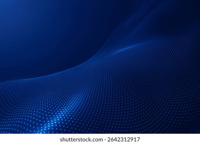 Ein digitales abstraktes Kunstbild zeigt fließende, wellenförmige Linien aus leuchtend blauen Punkten auf einem tiefen marineblauen Hintergrund. Dieses moderne, technisch inspirierte Design schafft ein futuristisches und dynamisches Ambiente.