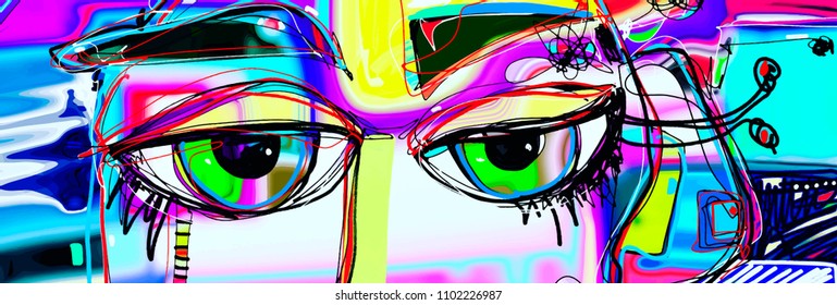 digital abstract art poster with doodle human eyes, contemporary art vector illustration