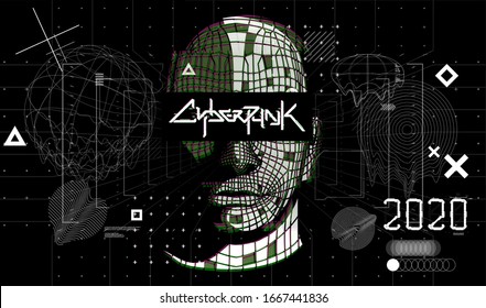 Digital abstract artwork with cyberpunk shapes. Black and white glitch generative art background, text technology and geometric elements. AI and VR technology. Sky-fi elements set. Vector illustration