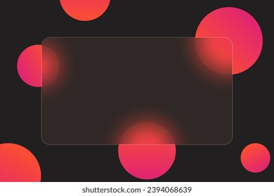 Digital abstract background of bright neon circles with glass morphism rectangular plate in the center. Horizontal modern banner template with translucent frame for text. Vector illustration.