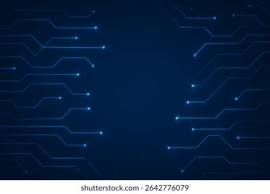 A digital abstract background featuring a circuit board layout with glowing blue lines and nodes on a dark blue backdrop. The symmetrical design gives a high-tech and futuristic feel,perfect for tech.