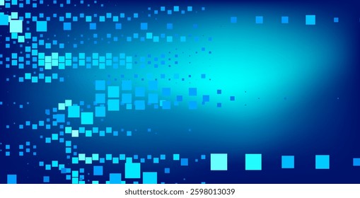 Digital abstract background featuring a pattern of blue and turquoise squares of varying sizes, scattered across a dark blue backdrop. Cover for technology and digital-themed designs.