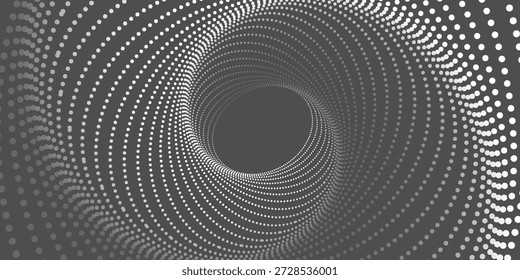 Um fundo abstrato digital com um túnel em espiral ou vórtice composto de numerosos pontos brancos em um gradiente cinza escuro, criando uma ilusão de profundidade e movimento.