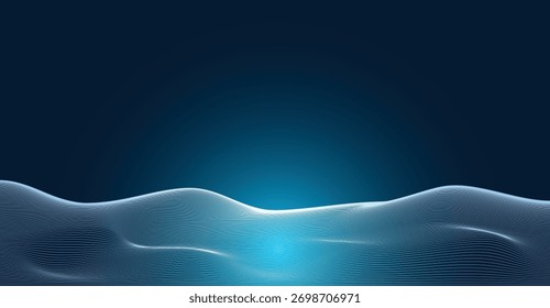A digital abstract background featuring undulating light blue lines forming a futuristic wave pattern against a deep blue gradient, with a central glow. 