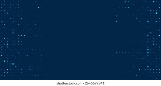 Digital abstract background with glowing blue pixel squares on dark navy, technology data pattern for futuristic design, internet, or cyber concept