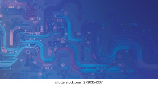 Un fondo abstracto digital con brillantes líneas azules y moradas que se asemejan a una placa de circuito, con efectos bokeh.