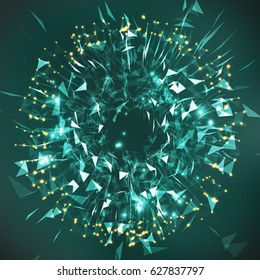 Digital Abstract Background With Glowing Halftone, Flying Debris. 3D Vector Illustration. Global Network Connection Visualization. 