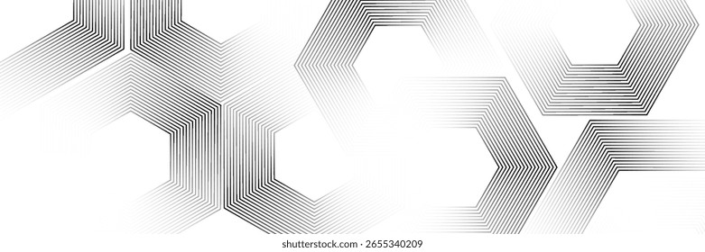 Digital abstract background with hexagon lines on black background. Futuristic digital network line art design for poster, flyer, cover, website, banner