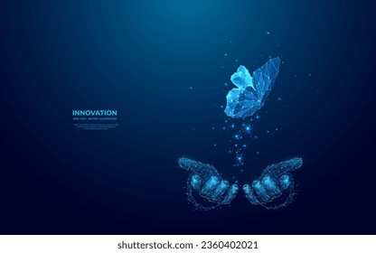 A digital abstract butterfly flies from businessman hands. Technology innovation concept. Futuristic low poly wireframe vector illustration. Metaverse evolution metaphor. Blue hologram effect.