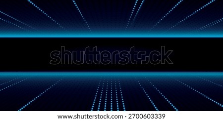 A digital abstract composition featuring blue lines and dots, creating a perspective tunnel effect with a central black band.