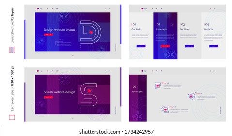 Digital abstract creative blue web design four screen template. Stylish custom and individual set of four website screens. Creative geometric design