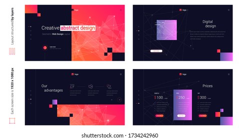 Digital abstract creative dark web design four screen template. Stylish custom and individual set of four website screens. Creative geometric design
