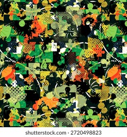 Digitales abstraktes Design mit fetten Formen, lebendigen Farben, ideal für Stoffdruck, Textilien, Mode, nahtloses Muster, hohe Auflösung, modernen zeitgenössischen künstlerischen Hintergrund Stil.