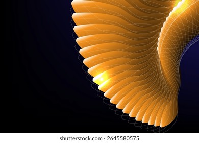 Digital abstract design featuring golden flowing wave shapes and fine grid lines over a dark gradient background, evoking a futuristic and elegant aesthetic, vector illustration