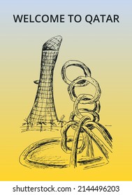 Digital abstract drawing sketch. Architecture of the Khalifa stadium, a city of sports in Qatar.Monument Olympic rings.arabic Tourism vertical eps design template for banner,souvenir, textile print