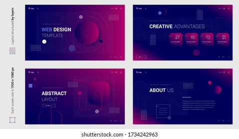 Digital abstract gradient purple web design four screen template. Stylish custom and individual set of four website screens. Creative geometric design