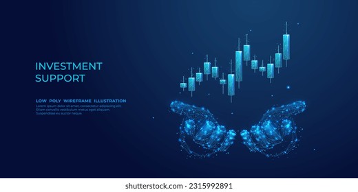 Digital abstract human hands holding 3D stock market candlestick graph chart. The conception of investment support or financial literacy help. Low polygonal vector illustration on dark blue background