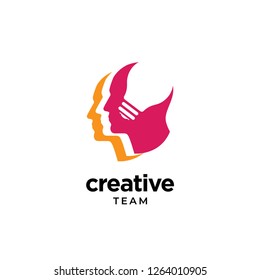 Digital Abstract human head logo for creative team. Negative space concept with light bulb