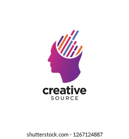 Digital Abstract human head logo for creative. Colorful diagonally lines