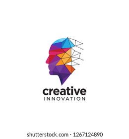 Digital Abstract human head logo for creative innovation. colorful low poly wire frame concept