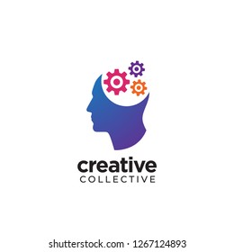 Digital Abstract Human Head Logo For Creative. Gears Cog Inside The Brain