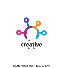 Digital Abstract Human Head Logo For Creative. Colorful Hub Symbol With Negative Space