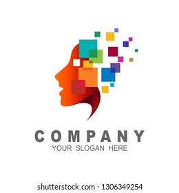 Digital abstract human head logo, pixel logo design template