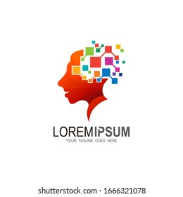 Digital abstract human head logo, pixel logo design template