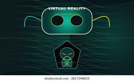 A digital abstract illustration featuring a virtual reality headset icon and a cyber security padlock symbol on a wavy line background.
