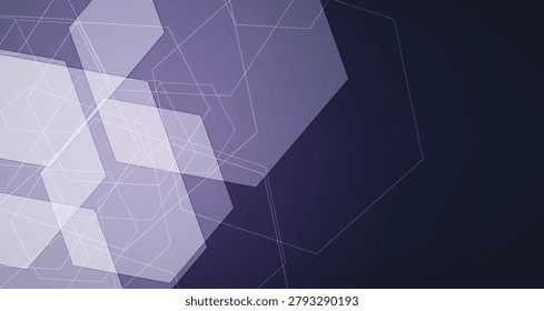 A digital abstract image featuring hexagons, lines, and geometric shapes in shades of blue and purple.