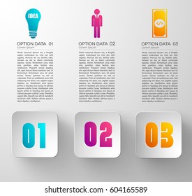 Digital abstract infographics with gray squares three options and colorful business icons on light background vector illustration