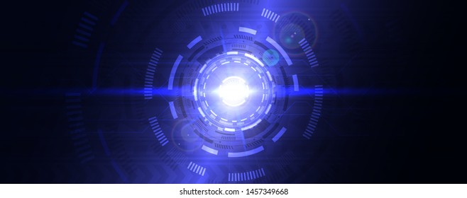 Digital abstract lens flare space, science fiction time and space travel cosmic background. Round futuristic energy reactor, technological light in the dark. Technology background, hi-tech concept. 