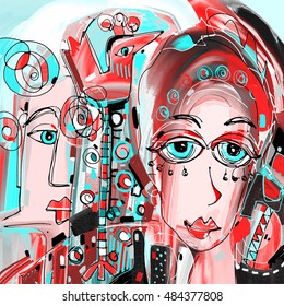 digital abstract painting of women face portrait colorful composition in contemporary modern art, perfect for interior design, page decoration, web and other, vector illustration