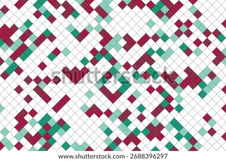 A digital abstract pattern featuring a grid of small squares, some filled with burgundy and teal colors, creating a scattered, pixelated effect on a white background.
