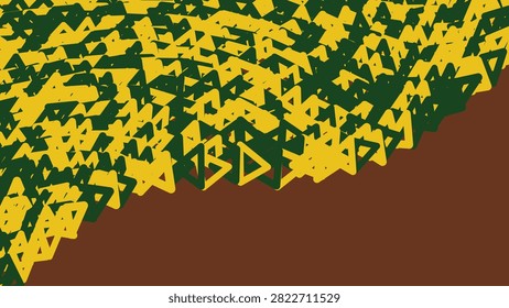 A digital abstract pattern featuring repeating yellow and dark green triangular geometric shapes on a solid brown background.