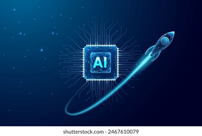 Digital abstract rocket and AI chip. Abstract technology light blue background. Artificial Intelligence growth up concept. Spaceship launch. Tech bg. Processor or semiconductor  3D vector illustration