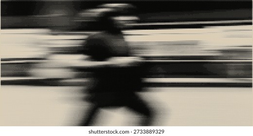 Digital abstract vector art showing a pixelated person running with motion blur and horizontal stripes in black and beige colors, creating a dynamic and modern visual effect.