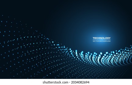 Digitale abstrakte Vektortechnologie-Teilchenwelle auf dunkelblauem Hintergrund. High-Tech-Teilchen Drahtnetzkonzept. Futuristische Technologie, künstliche Intelligenz, wissenschaftlicher Hintergrund. Vektorgrafik