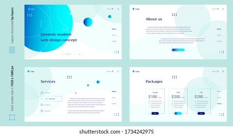 Digital abstract volume white and blue design four screen template with round shapes. Stylish custom and individual set of four website screens. Creative geometric design