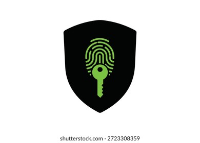 Digital access control with fingerprint and key - Cybersecurity shield with biometric fingerprint and key icon