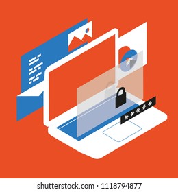 digital access, Isometric illustration, online safety, computer and data protection, secure connection, 3d