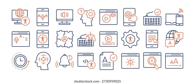 Coleção de ícones de Acessibilidade Digital. Contendo design Site Acessível, Navegação de Voz, Leitor de Tela, Suporte Cognitivo, Navegação por Toque, Áudio Descrição