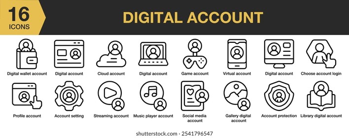 Digital Account icon set. Includes account protection, account setting, cloud, digital, gallery, and More. Outline icons vector collection.