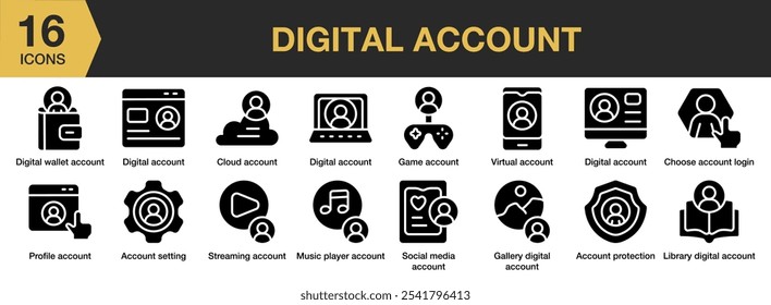 Conjunto de ícones sólidos da Conta Digital. Inclui proteção de conta, configuração de conta, nuvem, digital, galeria e muito mais. Coleção vetorial de ícones sólidos.