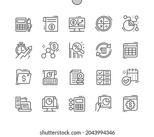 Digital accounting. Search for profit. Deadline, charts and budget. Investment, statistics, business, growth and economy. Pixel Perfect Vector Thin Line Icons. Simple Minimal Pictogram