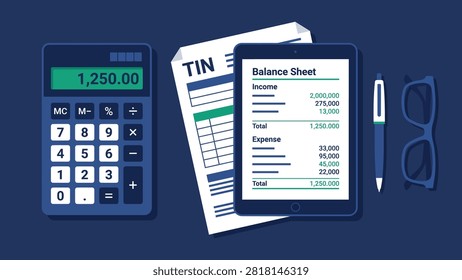Digital accounting vector illustration featuring calculator, balance sheet, tax form, financial report, tablet, and bookkeeping tools. Suitable for accounting, taxation, finance, and bookkeeping services.