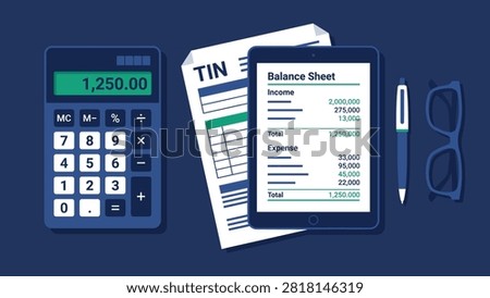 Digital accounting vector illustration featuring calculator, balance sheet, tax form, financial report, tablet, and bookkeeping tools. Suitable for accounting, taxation, finance, and bookkeeping services.