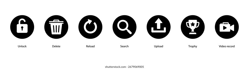 Ilustração vetorial de banner da Web de Ações Digitais apresentando Desbloquear, Excluir, Recarregar, Pesquisar, Carregar, Troféu e Registro de vídeo para funções online diárias.