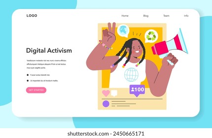 Digital Activism concept. A diverse activist with a megaphone on a website interface encourages online engagement. Social media impact, global reach. Vector illustration.