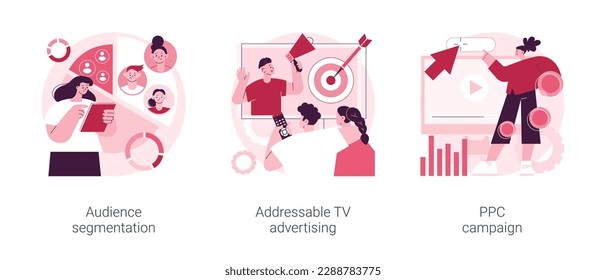 Conjunto de ilustraciones vectoriales de concepto abstracto de campañas digitales. segmentación de la audiencia, publicidad de TV direccionable, campaña PPC, marketing de destino, motor de búsqueda, metáfora abstracta del tráfico de conducción.